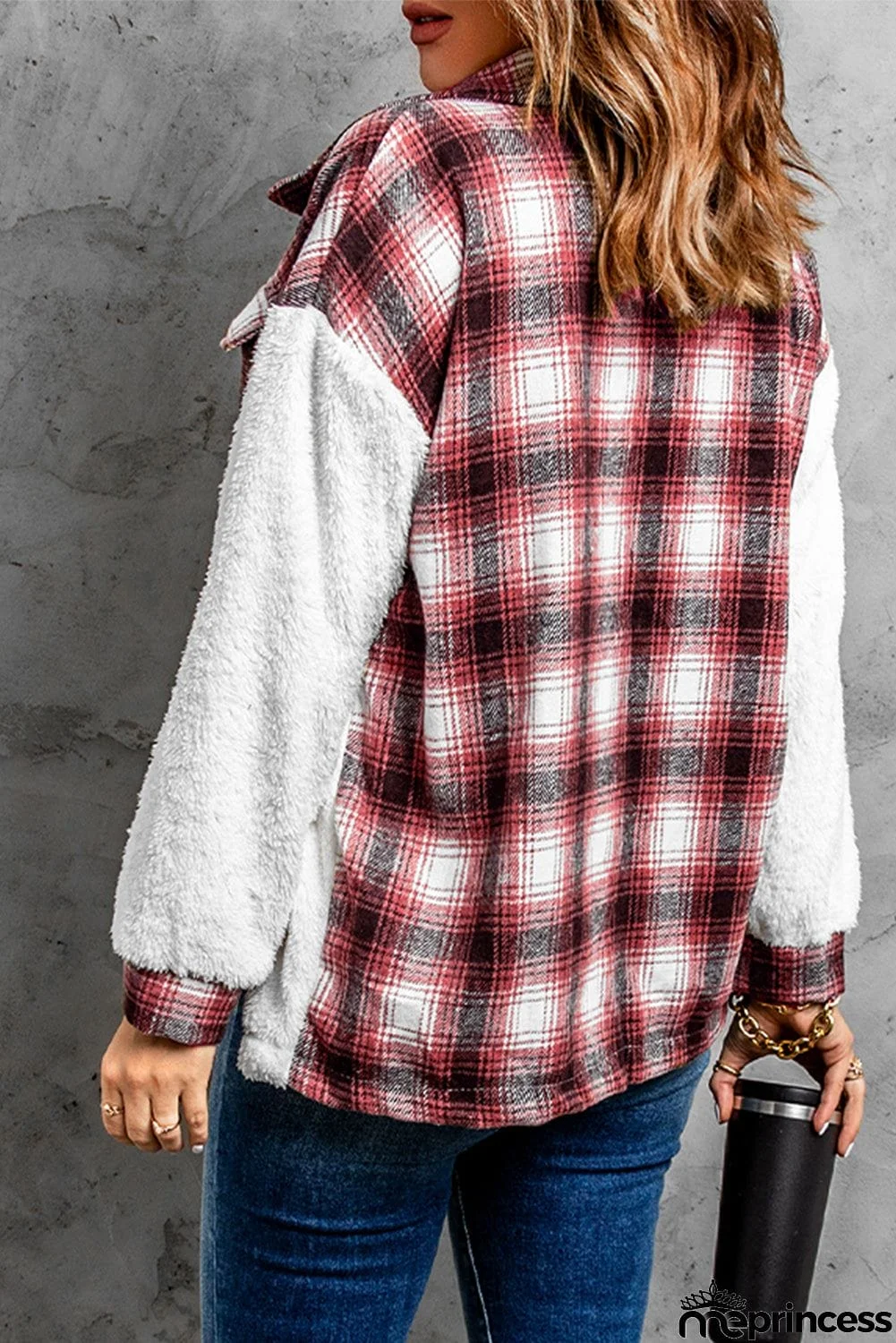 Plaid Patchwork Buttoned Pocket Sherpa Jacket