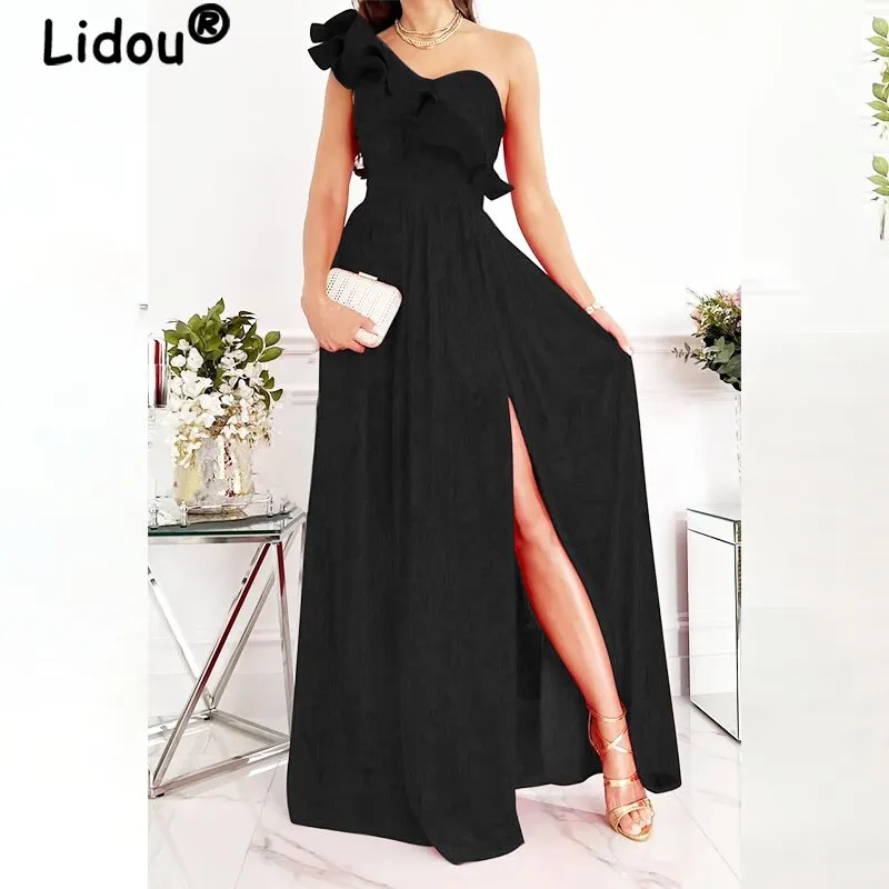Uveng Sexy Fashion Sleeveless Off Shoulder Slash Neck Ruffles Slit Maxi Dresses Grace Waist Evening Dresse Vestidos De Fiesta 420-0