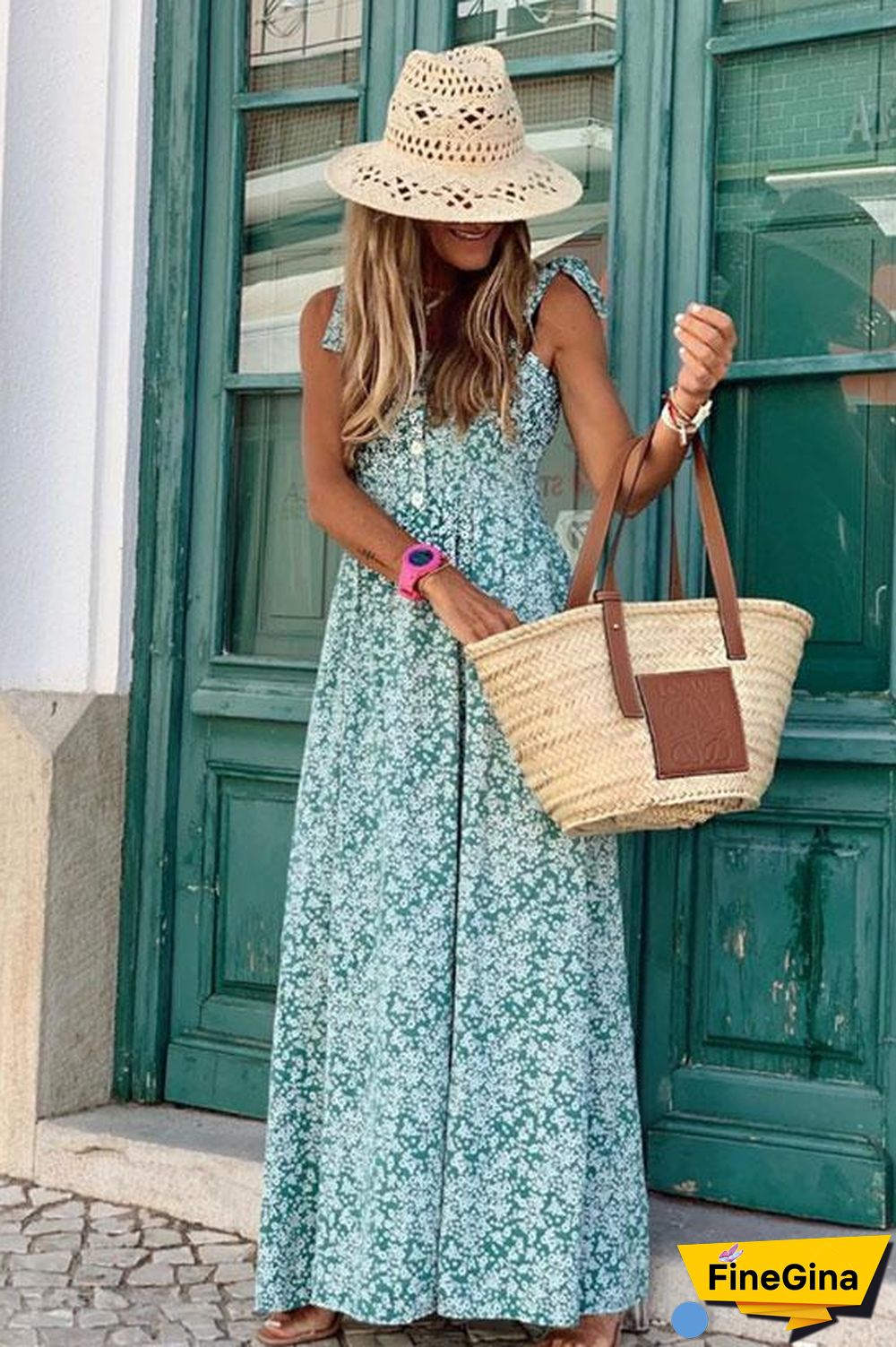 Mini Floral Button Down Shirred Beach Maxi Dress