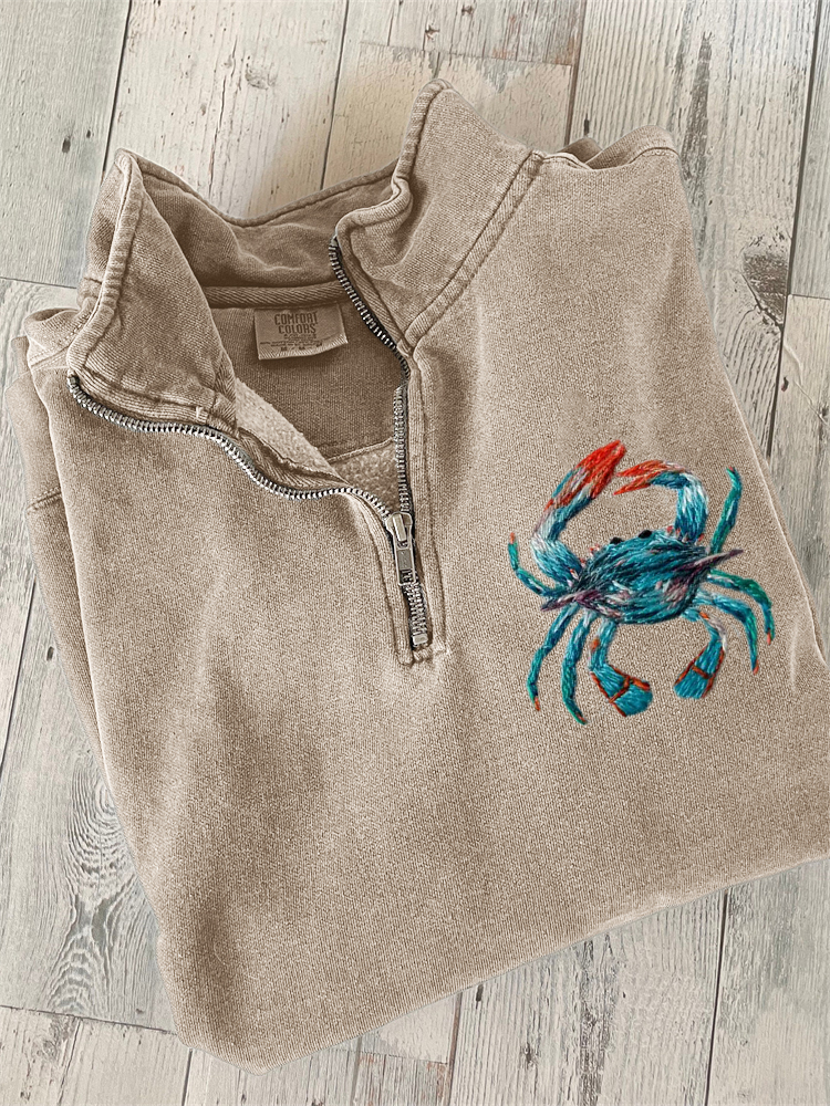 Lovely Crab Embroidery Art Zip Up Sweatshirt wearshes