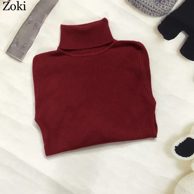 Zoki Soft Women Turtleneck Sweater Autumn Long Sleeve Elastic Female Knitted Jumper Casual Pullover Slim Winter Basic Tops 2021