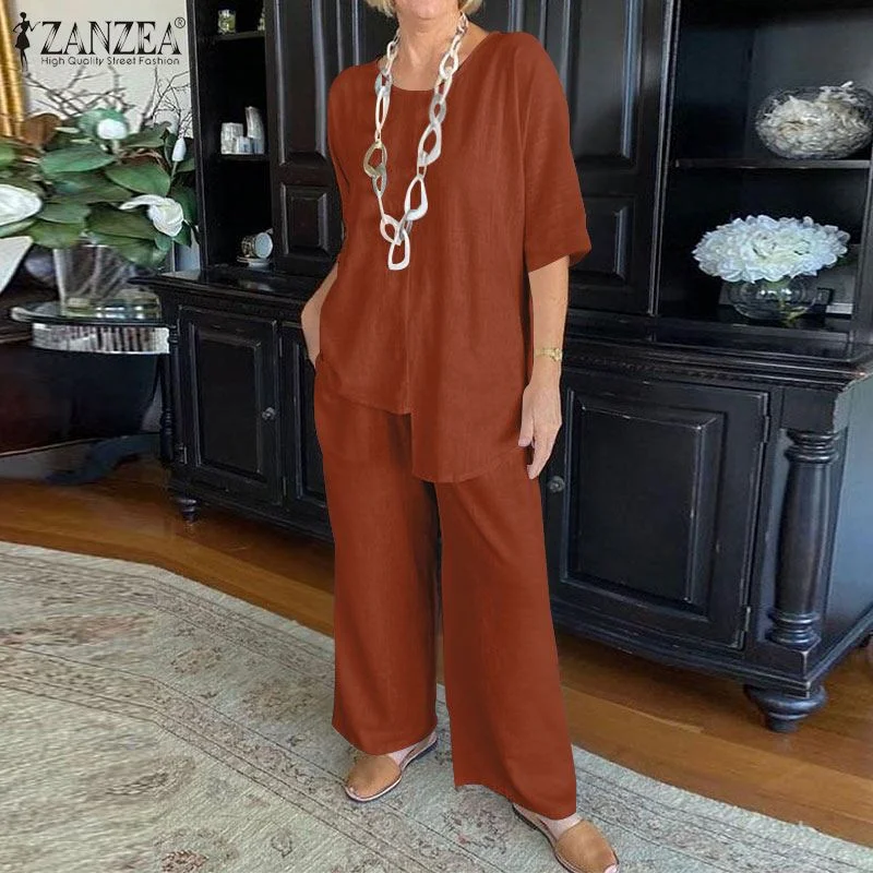 2PCS Pant Sets Fashion Women Sets ZANZEA 2022 Elegant Half Sleeve Blouse Wide Leg Long Trousers Suits Loose Summer Matching Sets