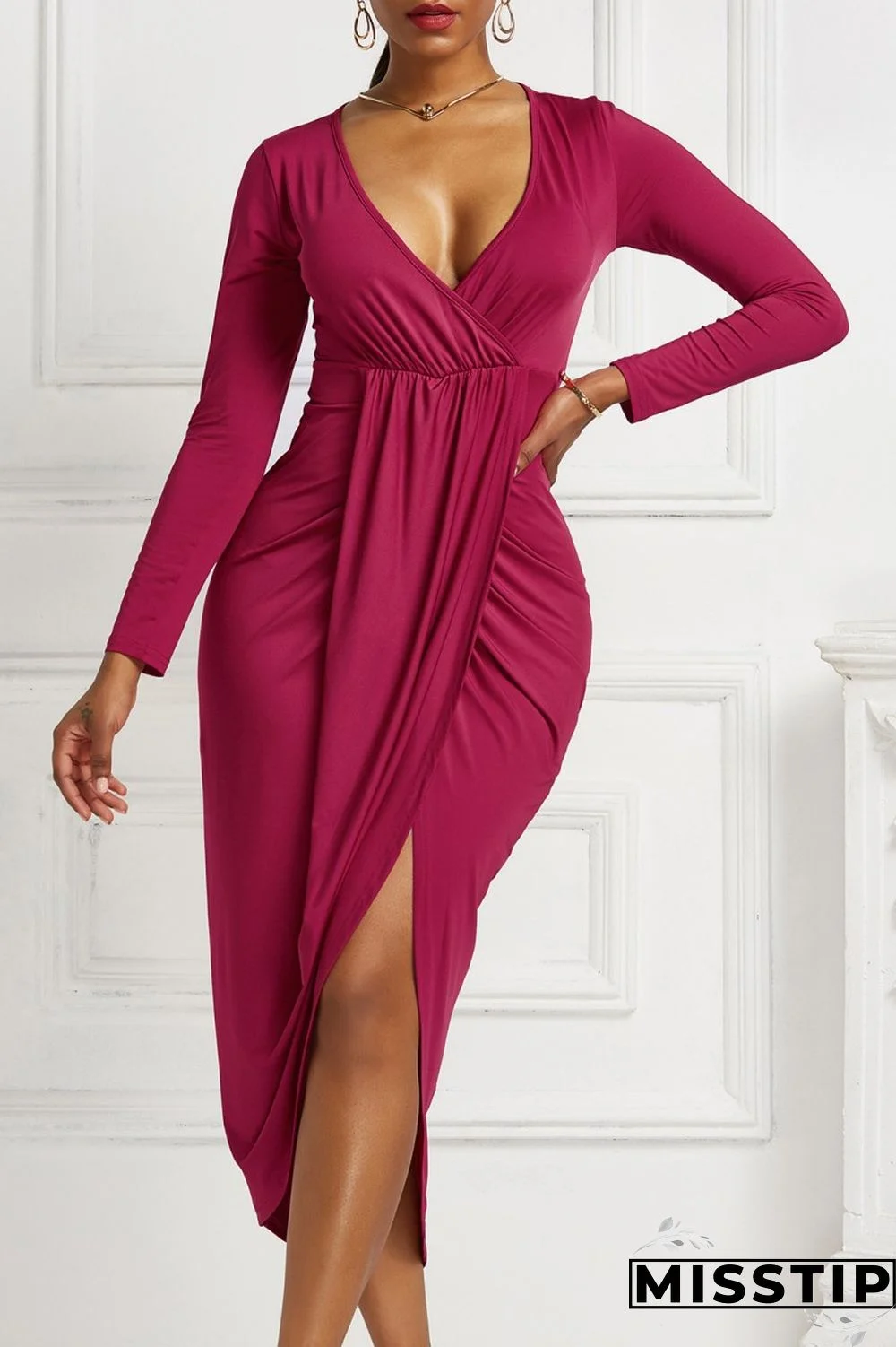 Ink Green Casual Solid Patchwork V Neck Long Sleeve Dresses