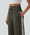 2026🔥 Halara Ribbed SoCinched High Waisted Tummy Control Drawstring Wide Leg Color Block Casual Trousers with Pockets