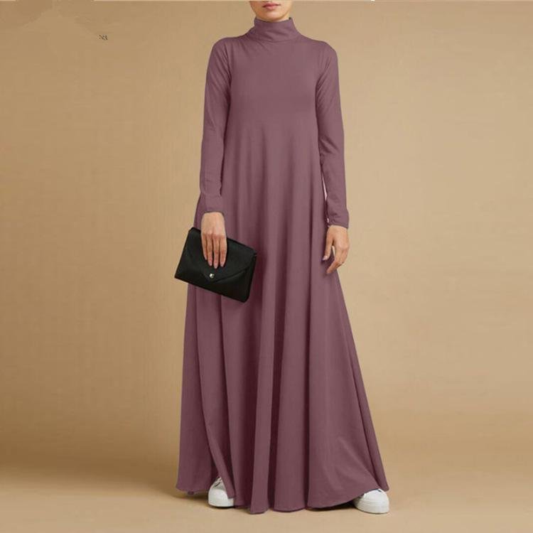 Pure color long elastic high collar full-length dress