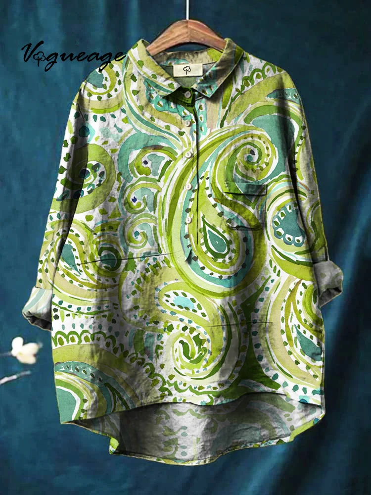 Simple And Elegant Curve Lines Print Cotton And Linen Shirt