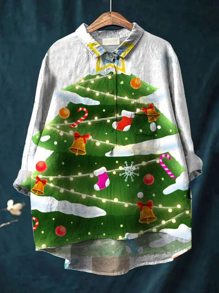 Christmas tree printed womens casual cotton and linen shirt