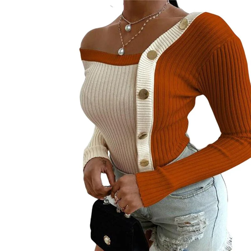 Fashion Button Off Shoulder Knitted Sweater Women Jumper Autumn Winter Strapless Pullover Long Sleeve Knitwear Female Streetwear