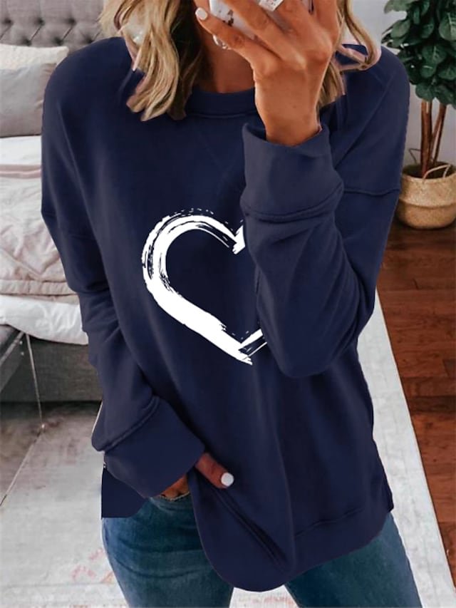 Women's Sweatshirt Heart Print Round Neck Long Sleeve Casual Pullover Hoodies