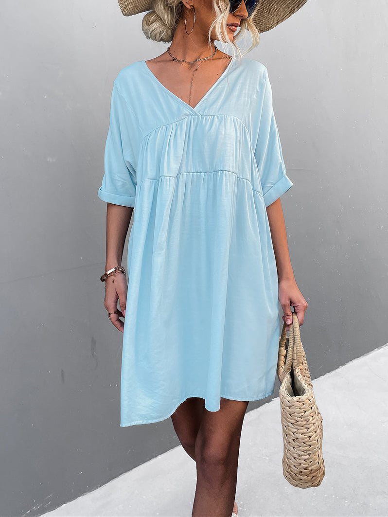 Women  Short Sleeve V-neck Mini Dress With Pockets