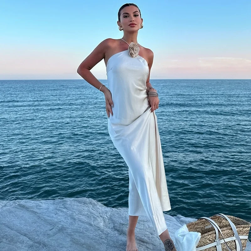 Woman Summer Elegant Flower Satin Off Shoulder Halter Backless Maxi Dress
