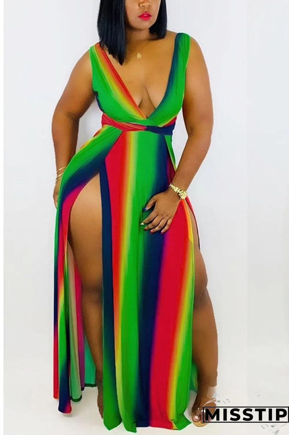 Yellow Sexy Rainbow Printing Striped V-neck Dress
