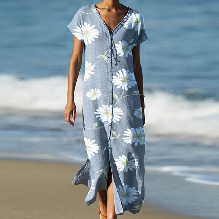 Floral Print Slit V-neck Beach Dress VangoghDress
