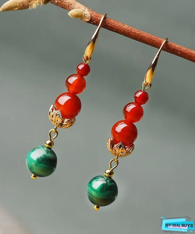 Women Overgild Agate Gem Stone Round Drop Earrings