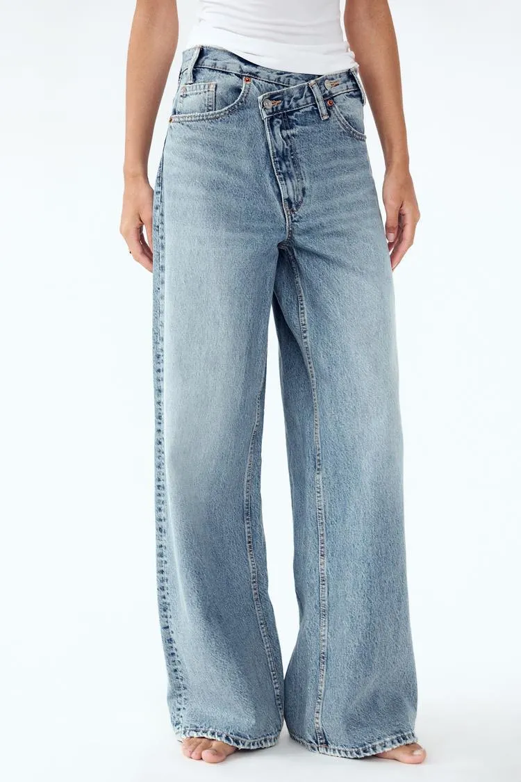 Women Crisscross Waist Wide Leg Jeans