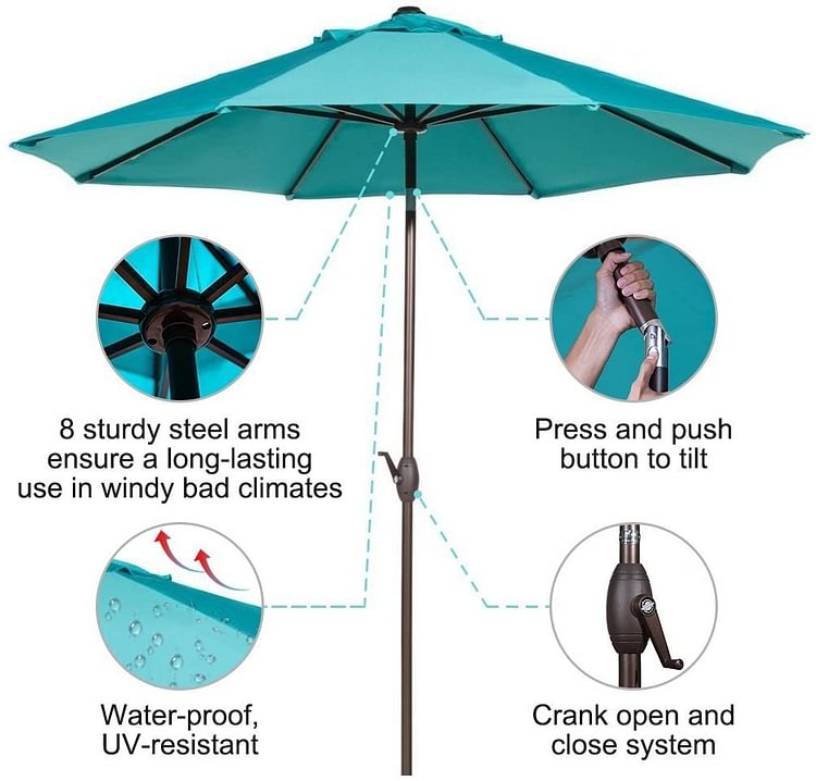 9 FT Patio Umbrella with Auto Crank and Push Button Tilt (Blue)