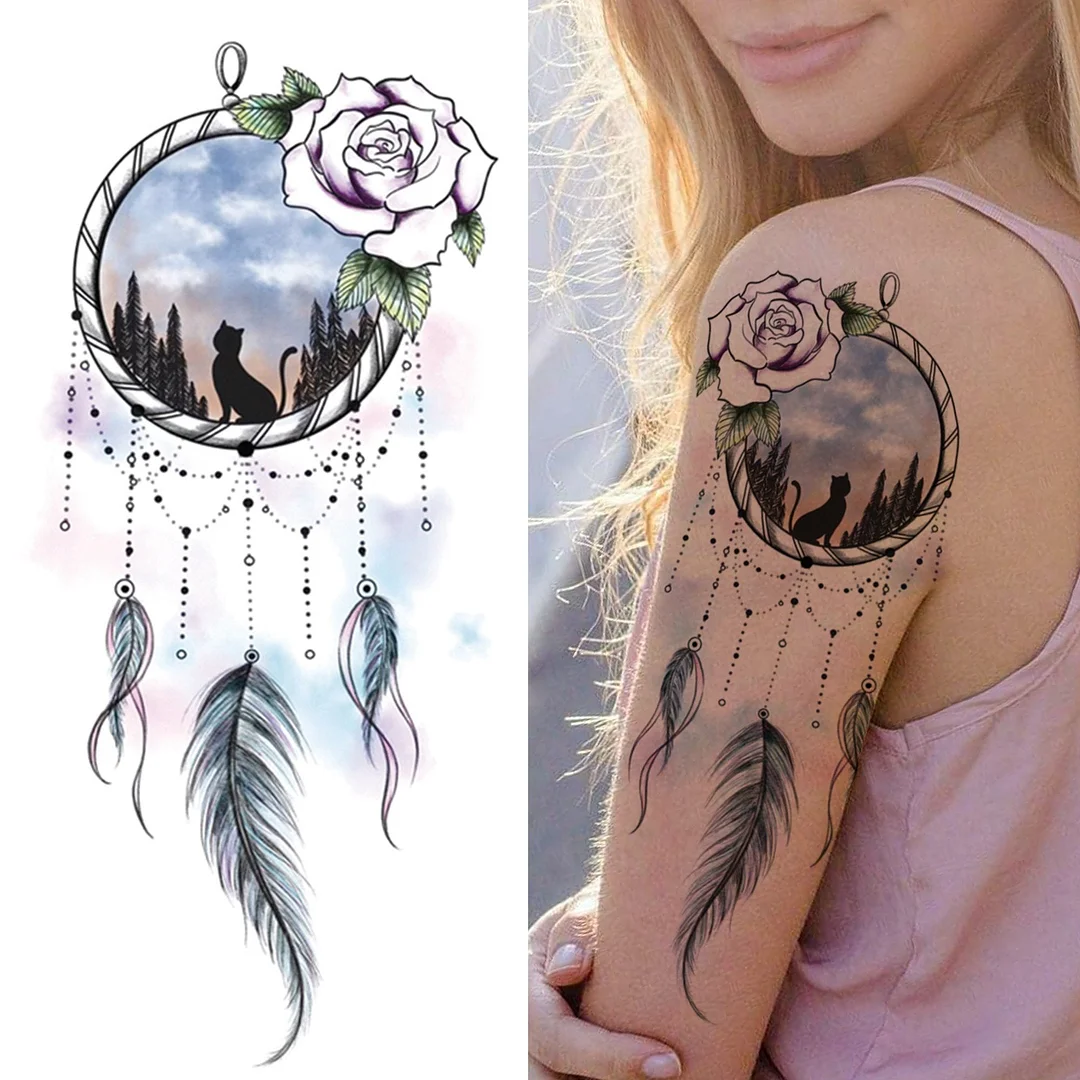 Lily Chains Flower Temporary Tattoos For Women Girl Black Butterfly Dream Catcher Tattoo Sticker Fake Rose Sexy Tatoos Back Body 1103