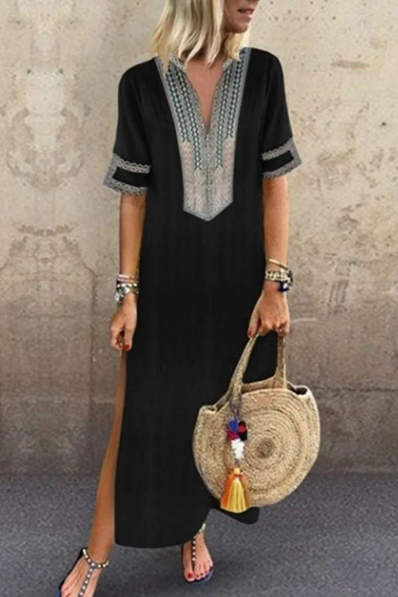 Fashion Celebrities Print Patchwork V Neck Printed Dress(6 Colors)