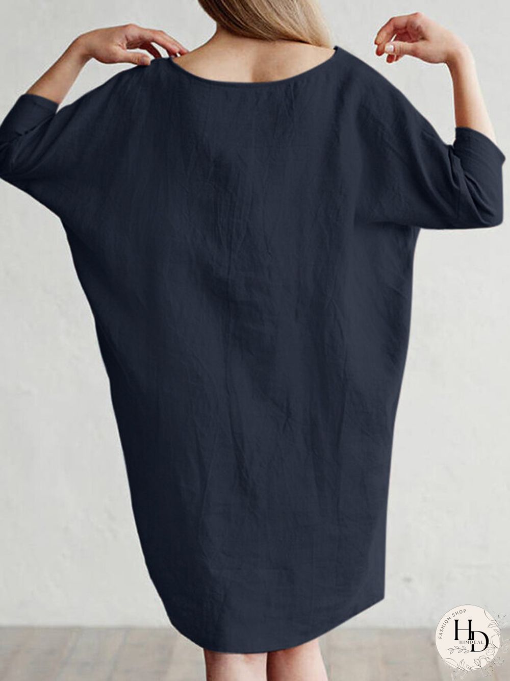Solid Color 3\/4 Sleeve O-neck Pocket Cotton Dress