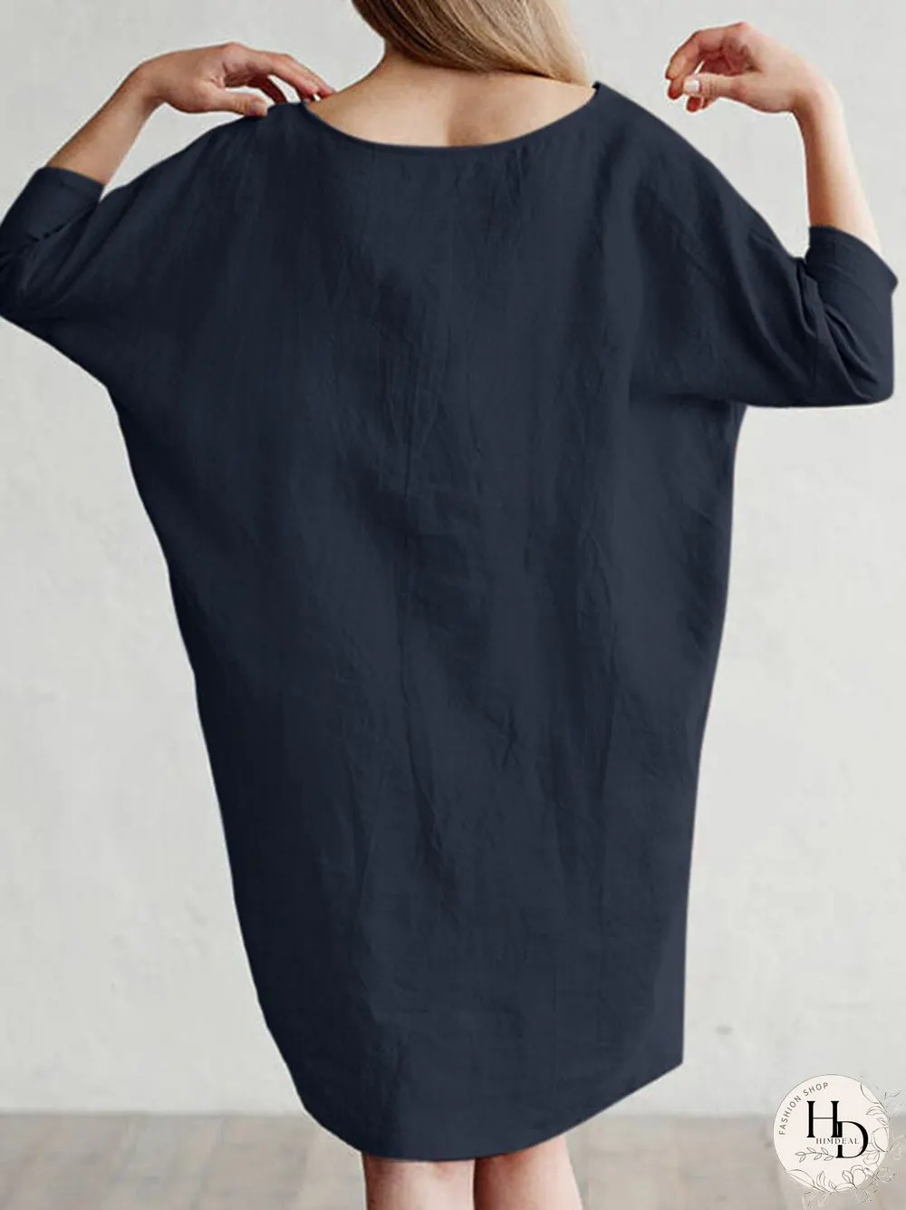 Solid Color 3\/4 Sleeve O-neck Pocket Cotton Dress