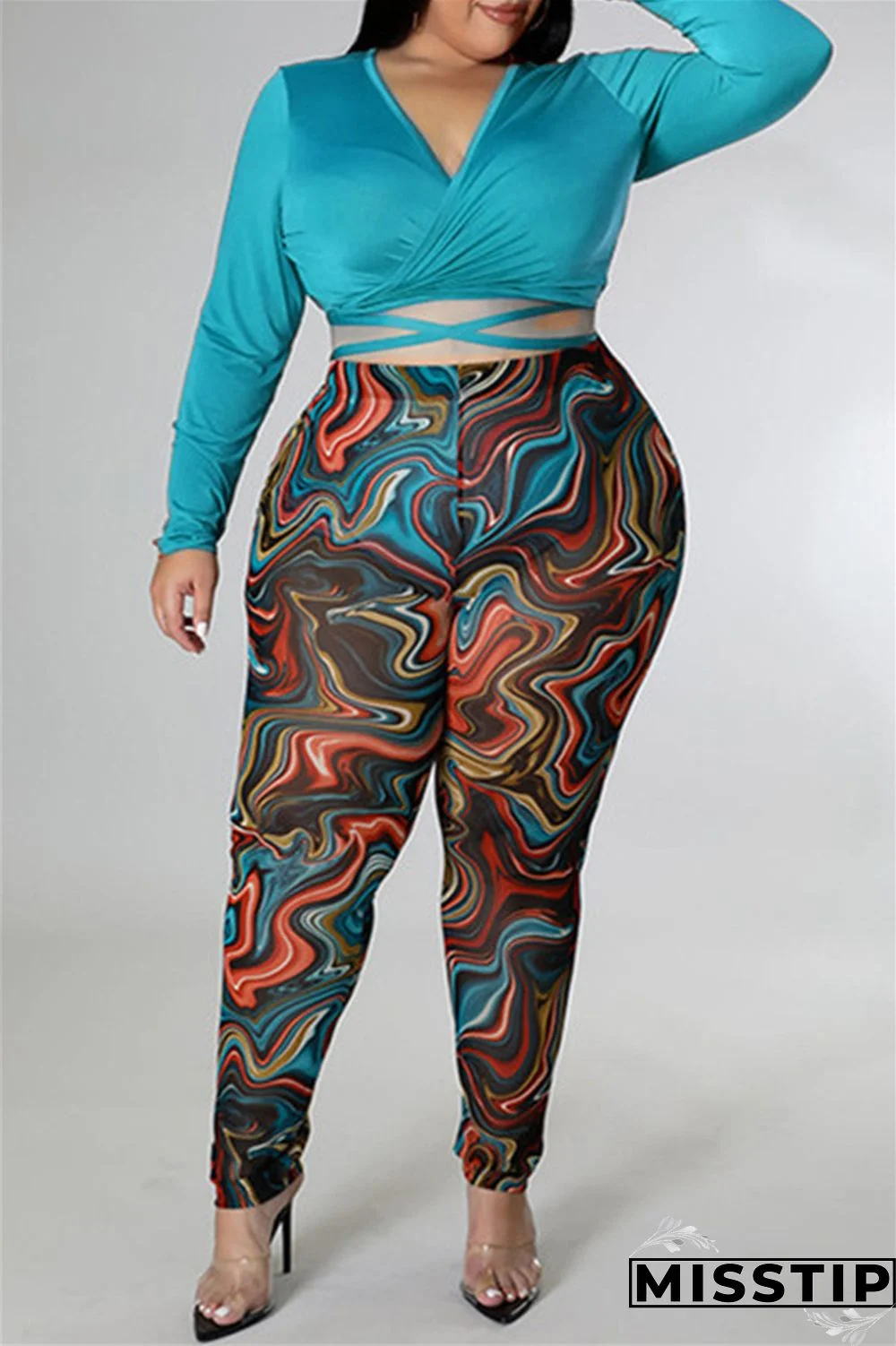 Blue Fashion Casual Print Bandage V Neck Plus Size Two Pieces