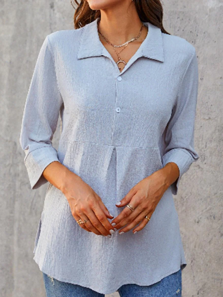 Cotton And Linen Solid Color Lapel 3/4 Sleeve Shirt | EGEMISS