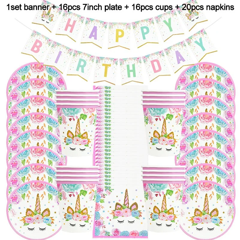 Rainbow Unicorn Birthday Party Decoration Disposable Tableware Set Unicorn Balloon Girl Baby Shower Kids Birthday Party Supplies