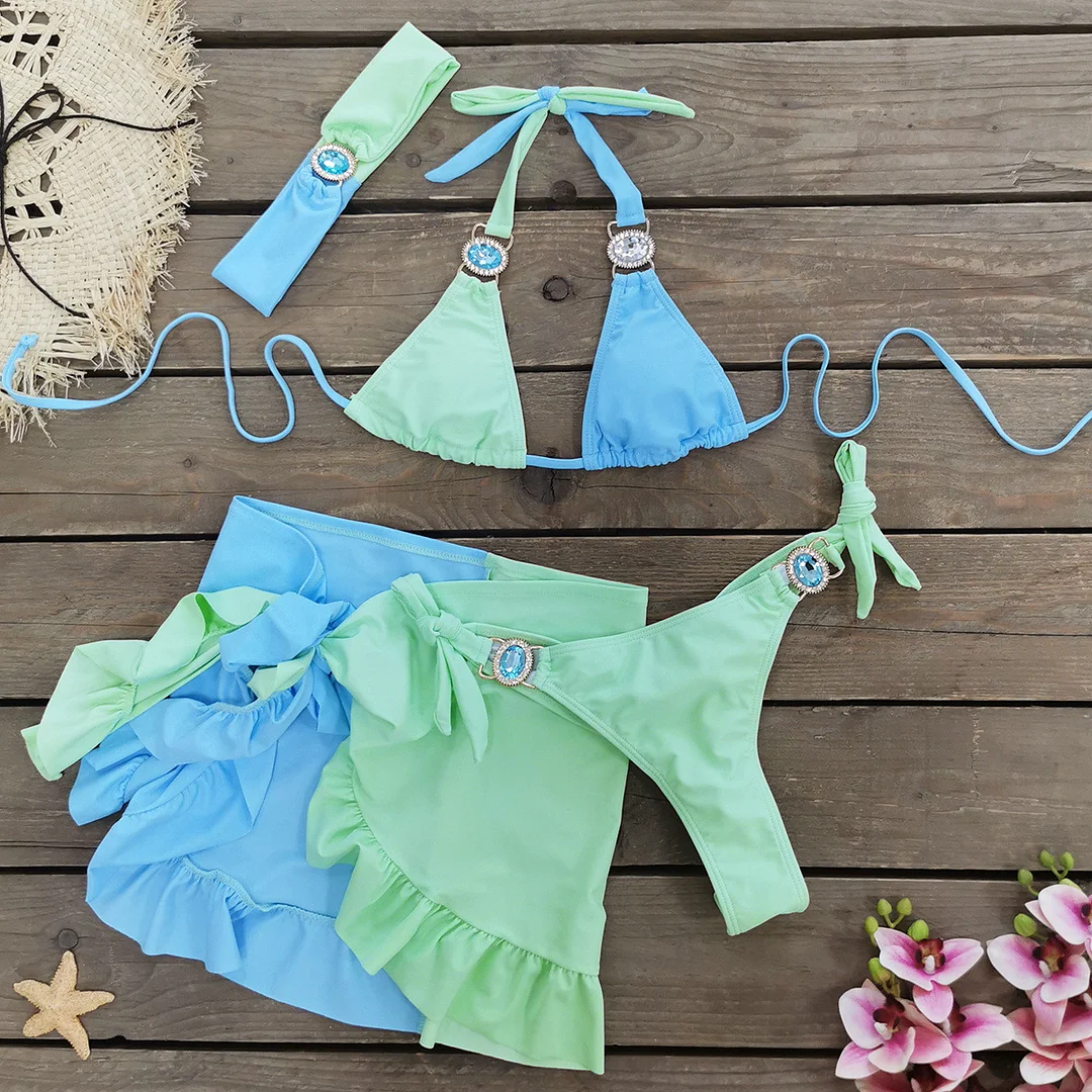 Uveng Solid Color Splicing Three-Point Bikini Short Skirt Three-Piece Split Swimsuit Women 2025 New