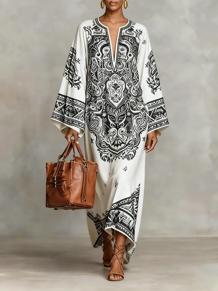Women's Paisley Print Crew Neck Flared Pants Long Sleeve Loose Long Dress