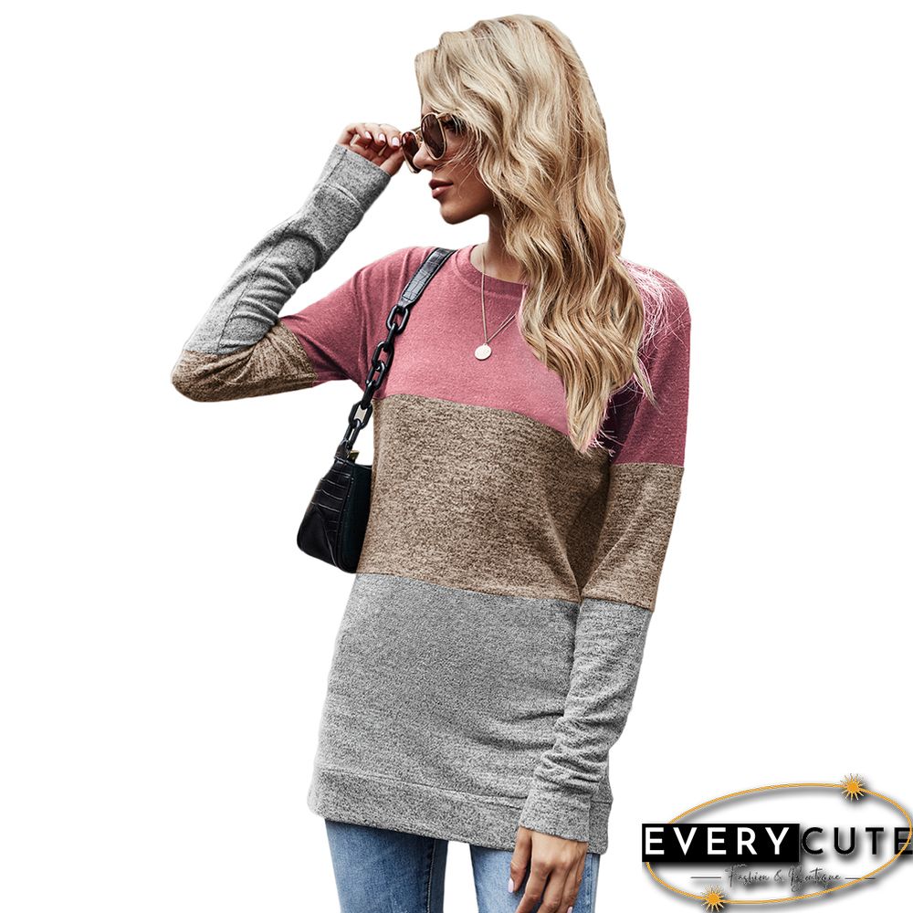 Red Color Block Loose Style Pullover Sweatshirt