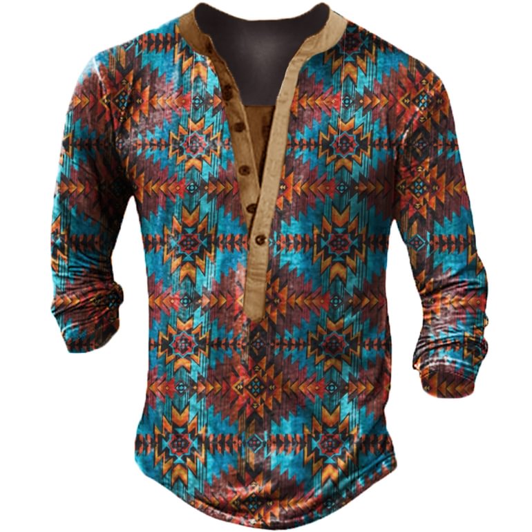 Men's Vintage Tribal Print Long Sleeve Henley Collar T-Shirt、、URBENIE