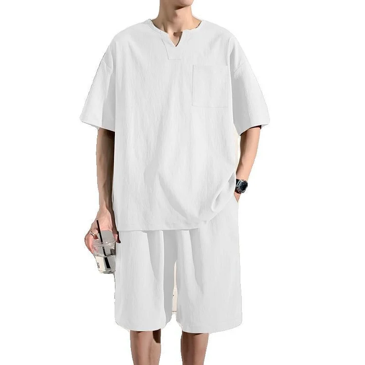 Summer Chinese Style Casual Suit Men's New Chinese V-neck Short-sleeved T-shirt Shorts Two-piece Suit