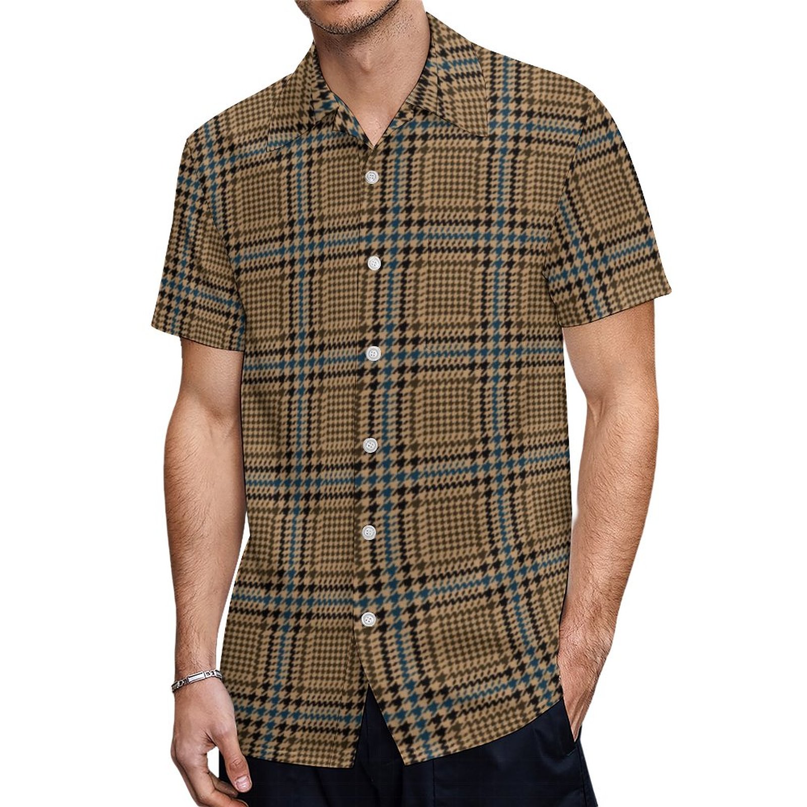 Brown And Blue Houndstooth Glen Check Pattern Hawaiian Shirt Mens Button Down Tropical Hawaii Beach Shirts