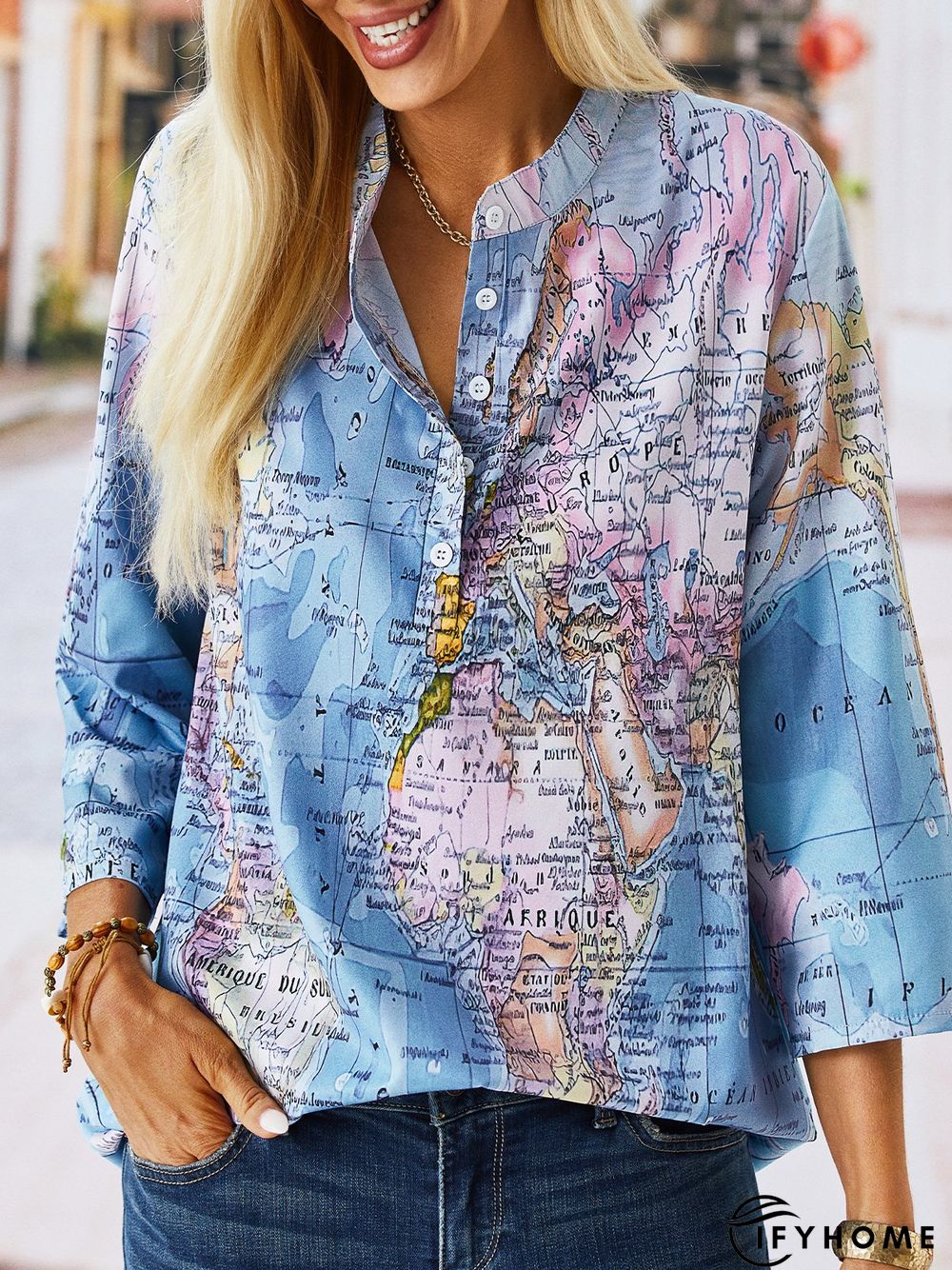 3/4 Sleeve Map Printed V Neck Casual Top | IFYHOME