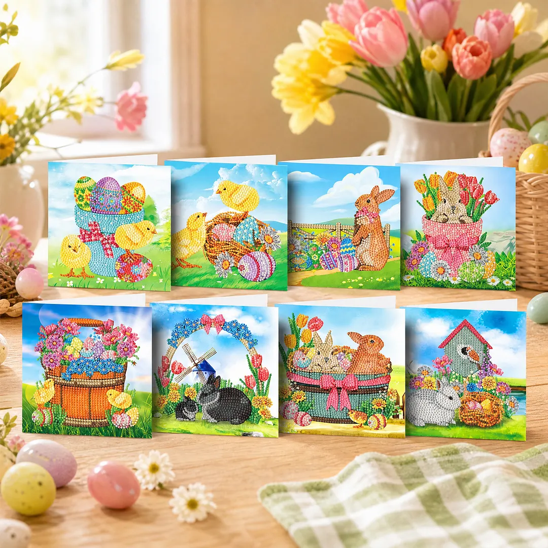 8PCS Chick Rabbit DIY Diamond Painting Greeting Card Kits with Envelopes Diamond Art Greeting Cards Diamond Art Cards Kits for Adults DIY Crafts Family Friend Gifts