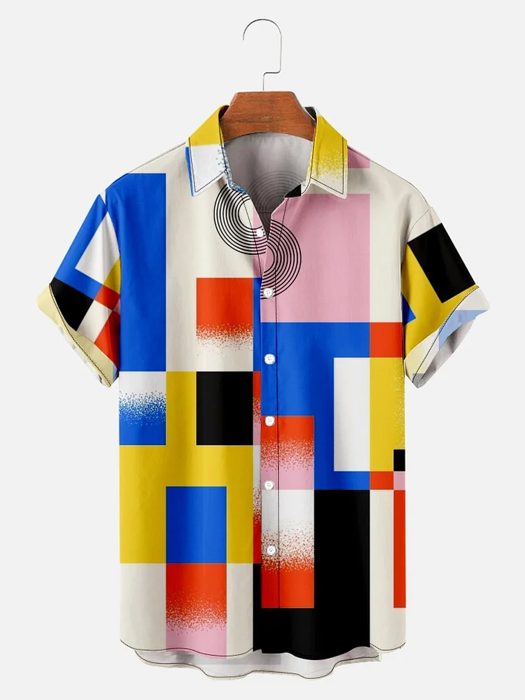 Mens Colorful Plaid Print Loose Short Sleeve Hawaiian Shirts