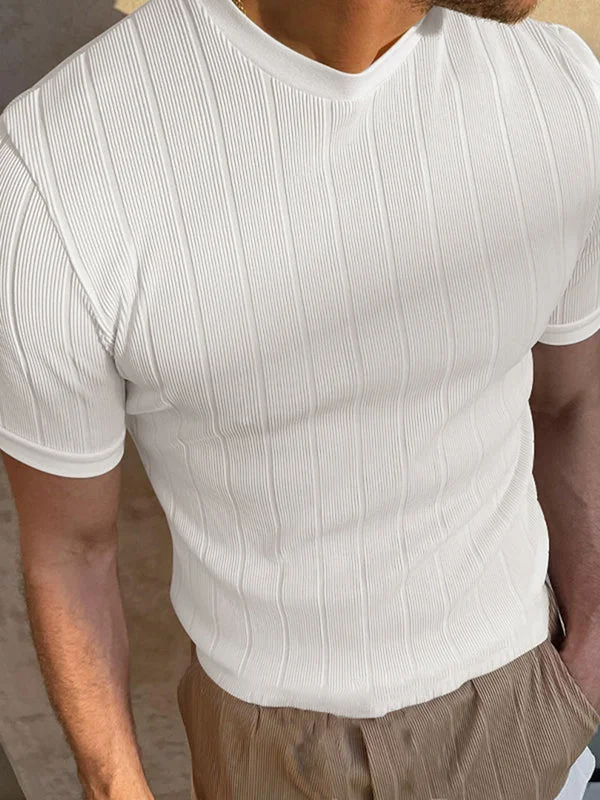Aonga - Mens Ribbed Knit Striped Short Sleeve T-ShirtJ