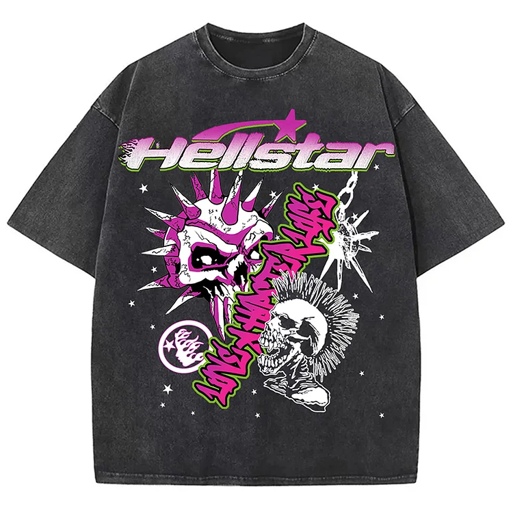 Vintage Men's Acid Washed Hellstar Graphic Short Sleeve T-Shirt