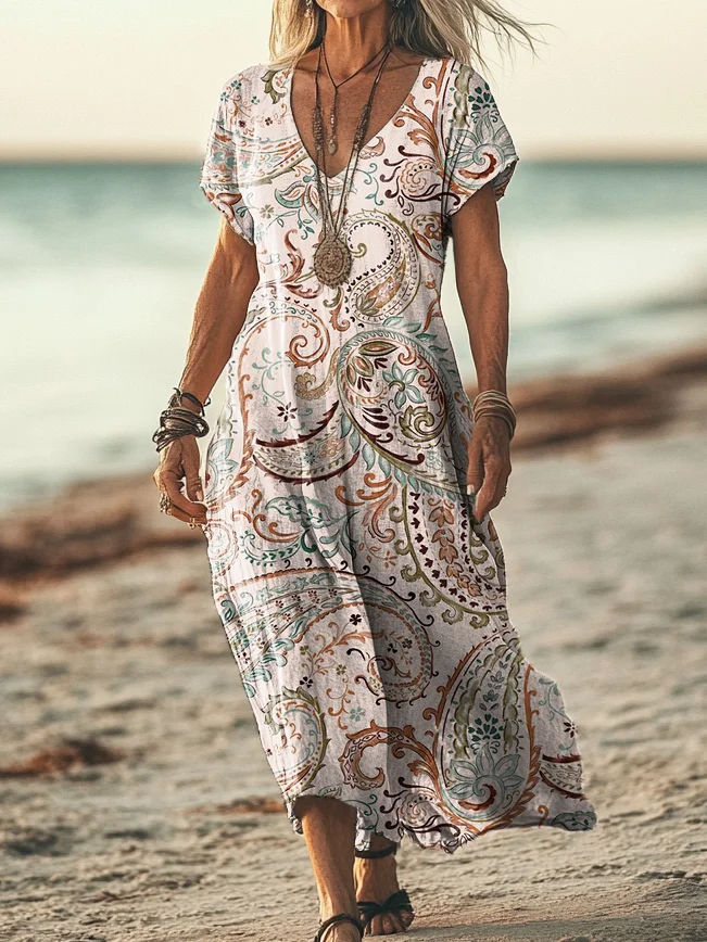Women's Vintage Ethnic Floral Art Print Short Sleeve Pocket Cotton Linen Dress