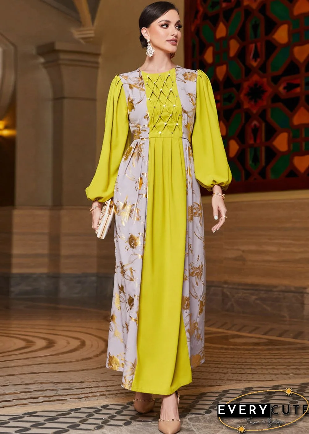 Modern Yellow Print Patchwork Wrinkled Sim Chiffon Long Dresses Fall