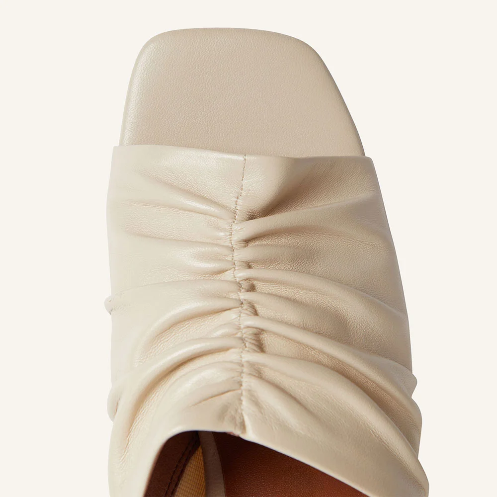 Elegant Ivory Open Square Toe Pleated Spool Heel Mules Sandals