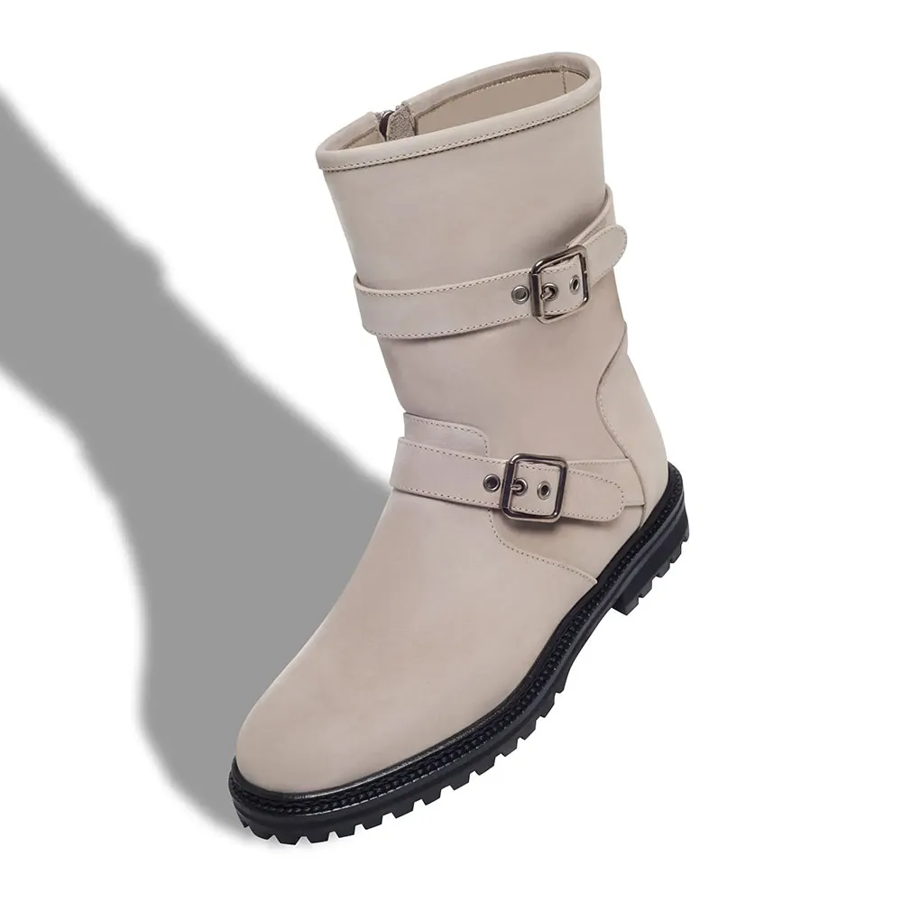 Khaki Chunky Low Heel Side Zipper Buckle Short Boots for Women