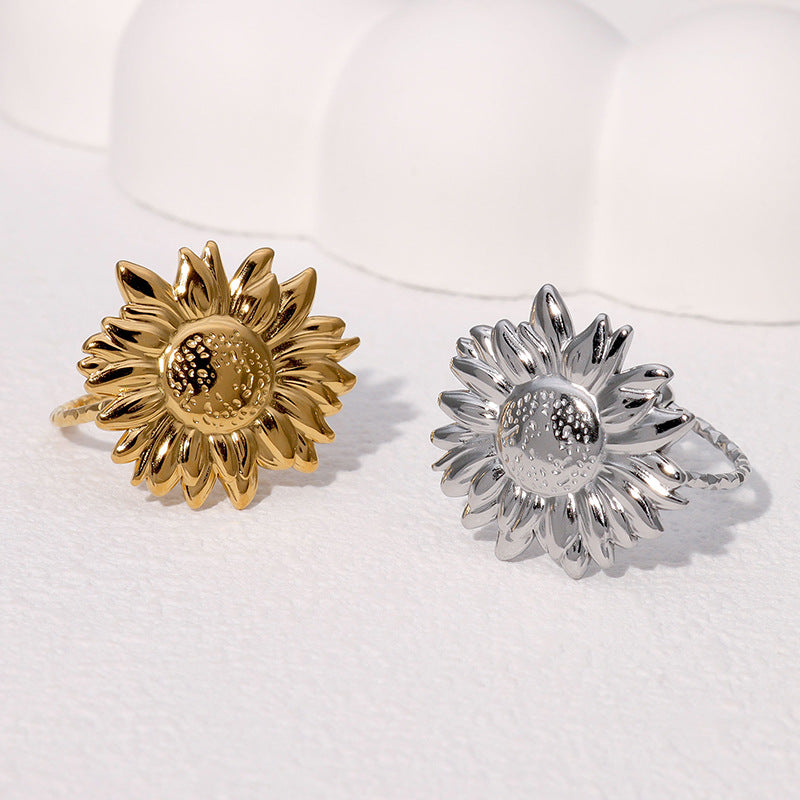 Simple Holiday Style Flower Sunflower Niche Design Gold-Plated Stainless Steel Ring Adjustable