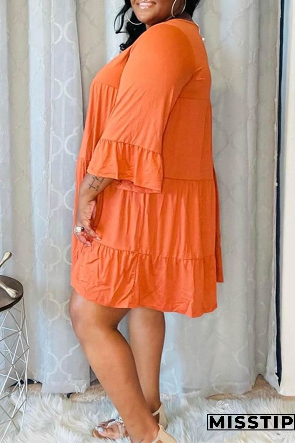 Orange Fashion Casual Solid Patchwork V Neck Plus Size Dresses