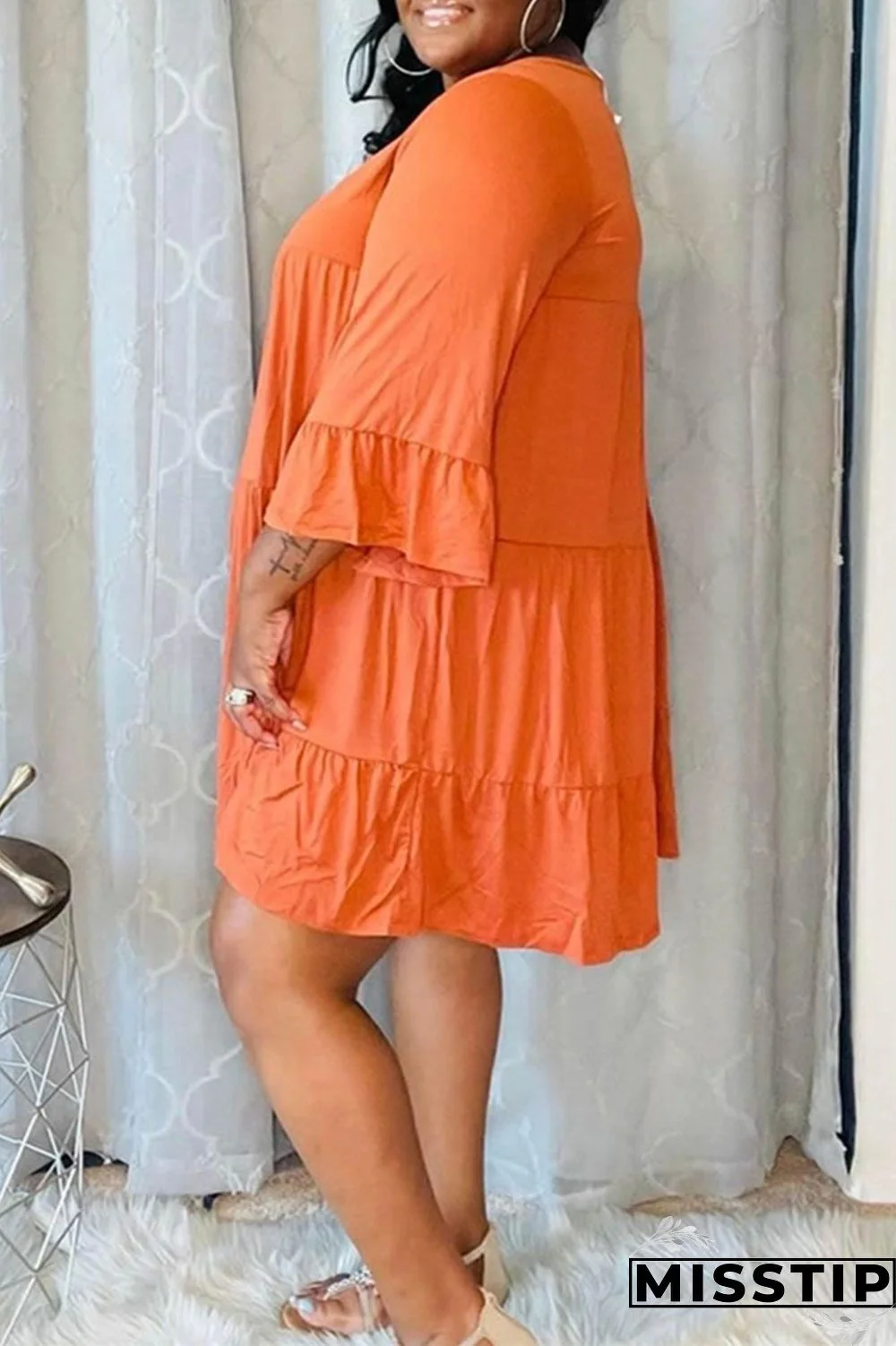 Orange Fashion Casual Solid Patchwork V Neck Plus Size Dresses