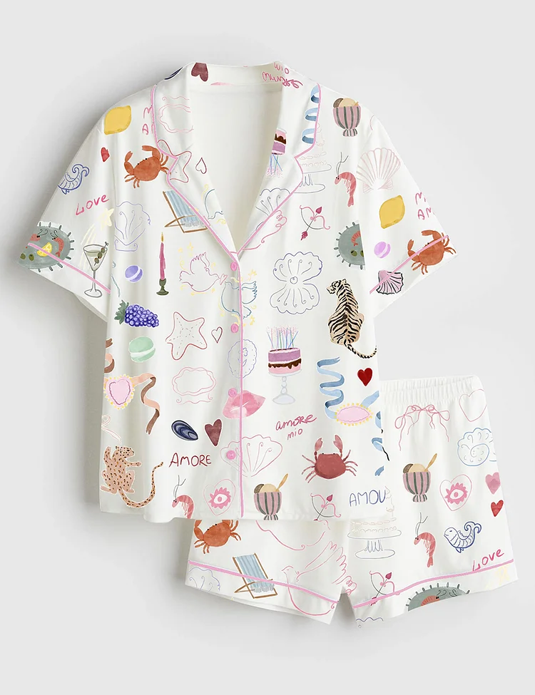 Women&rsquo;s Whimsical Hand Drawn Love Dolce Vita Italy Wedding Icons Summer Seashell Line Art Print Short Sleeve Satin Pajama Set