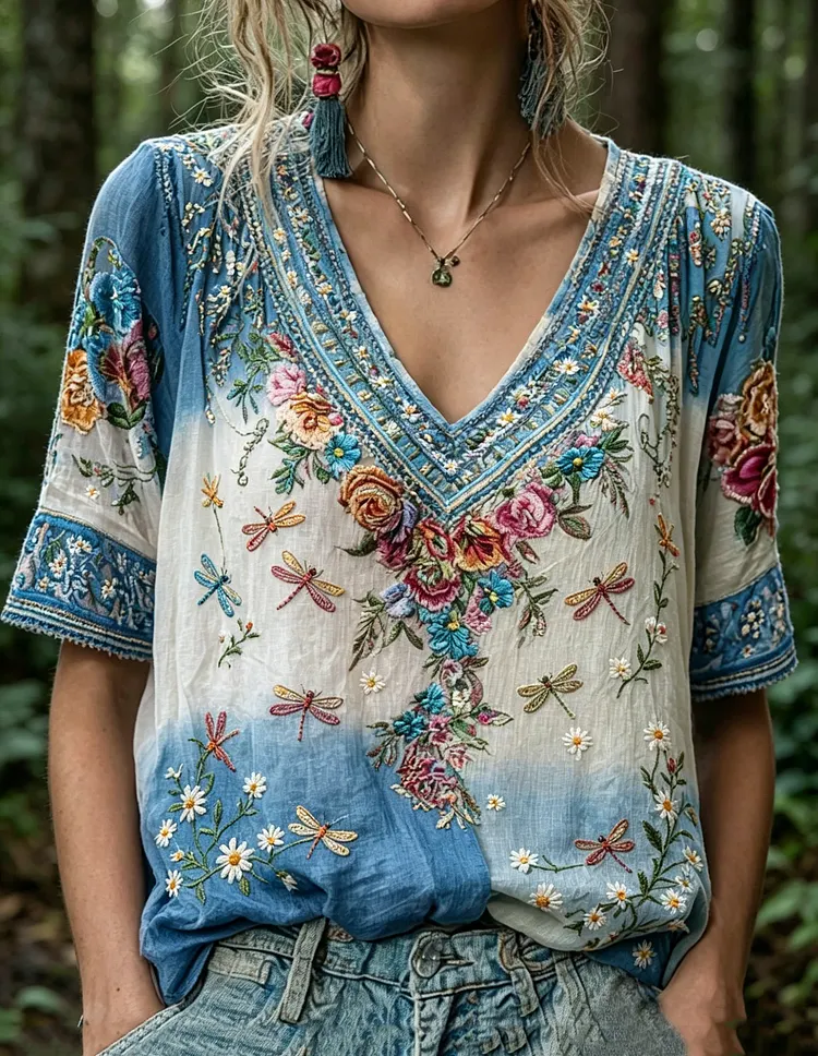 Women's Dragonfly & Floral Embroidered Ombre Boho Blouse