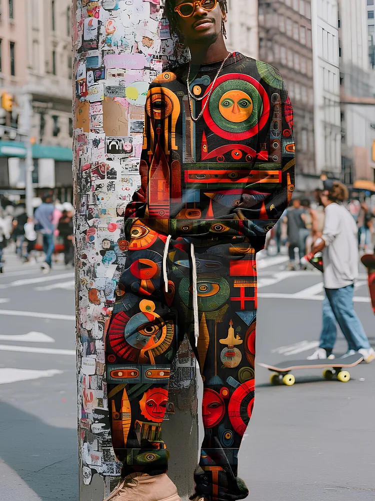 Men's Vintage African Art Tribal Abstract Print Sweatshirt Sweatpants Matching Set