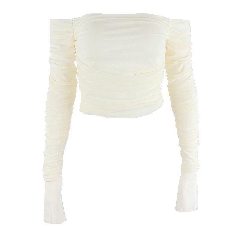 Uveng Uveng New Hot Selling Sexy Shoulder Slim Mesh Horn Sleeve Long Sleeve Crop T-Shirt