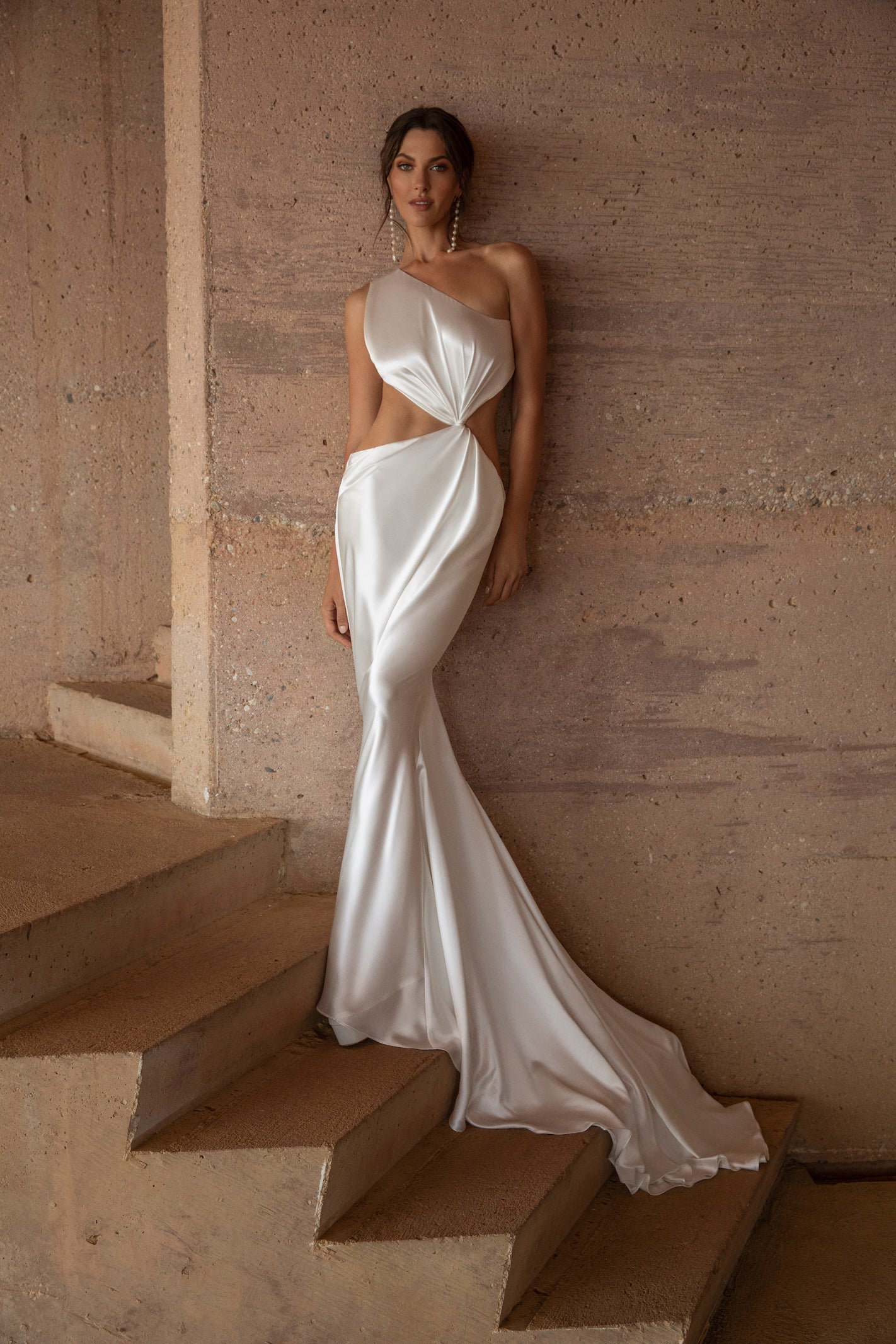 One Shoulder Pleated Backless Charmeuse Wedding Dress